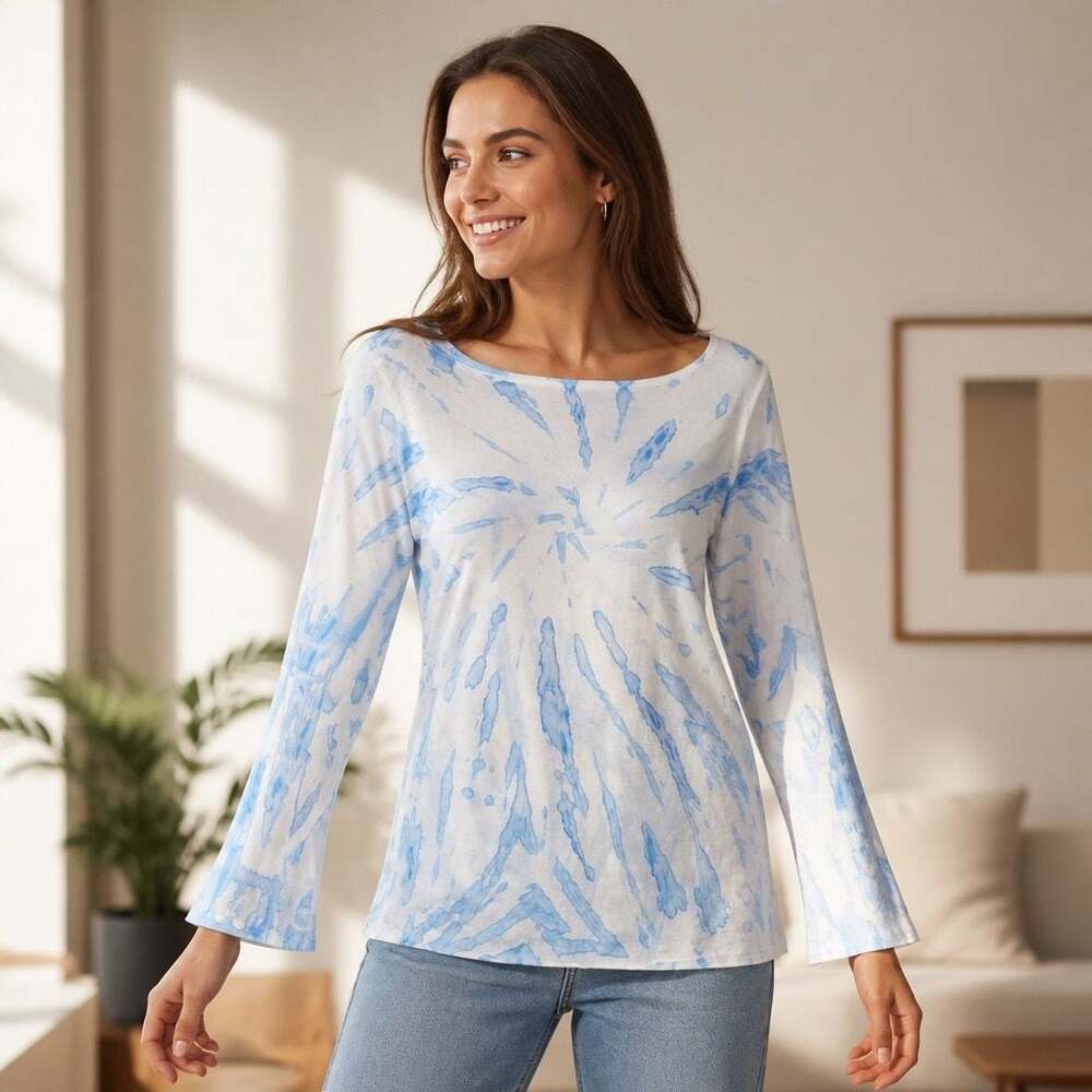 Hard Tail Forever Blue White Tie Dye Long Sleeve Scoop Neck Top Size M SJ-112